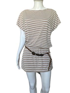 Striped Mini Dress Tunic in Beige and White